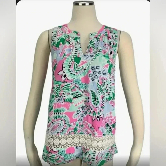 crown & ivy Tops - Women's Crown & Ivy Pink Green Pom Crochet Sleeveless Top, Size PL, Pre-Owned